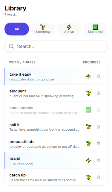 Neltiv library — saved words list